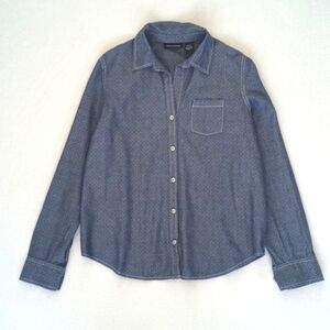 DKNY Women’s Blue Denim Dot Button Down Long Sleeve to 3/4 Sleeve Shirt XS